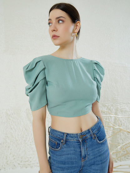 Women Puff Sleeves Styled Back Crop Top